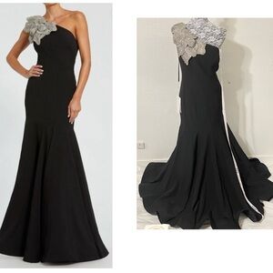 Mac Duggal Black One-Shoulder Mermaid Gown with Silver Floral Appliqué
